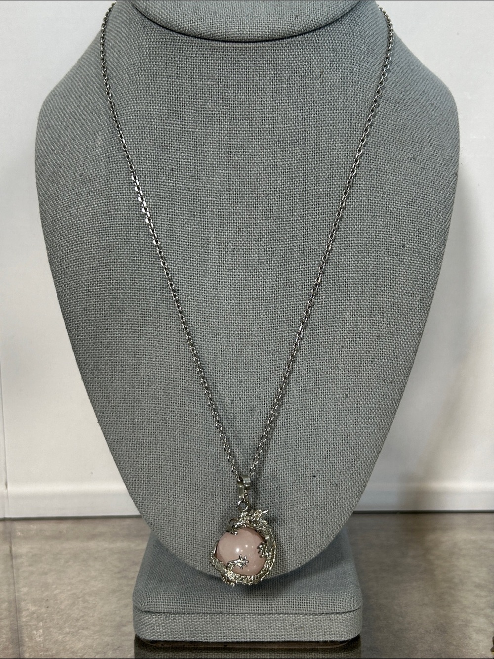 Silver-tone Dragon Necklace with Rose Quartz Orb Pendant